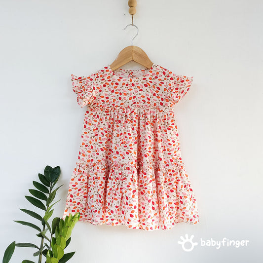 Girls' Floral Print Tiered Rayon Dress with Frilled Sleeves.