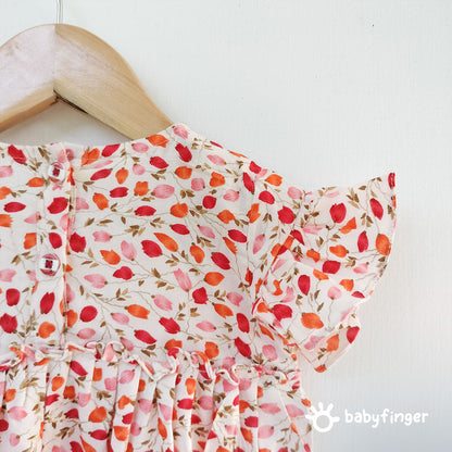 Girls' Floral Print Tiered Rayon Dress with Frilled Sleeves.