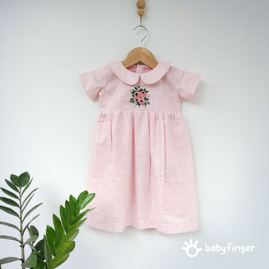 Girls' Pink Linen-Cotton Dress with Embroidered Yoke – Soft & Elegant