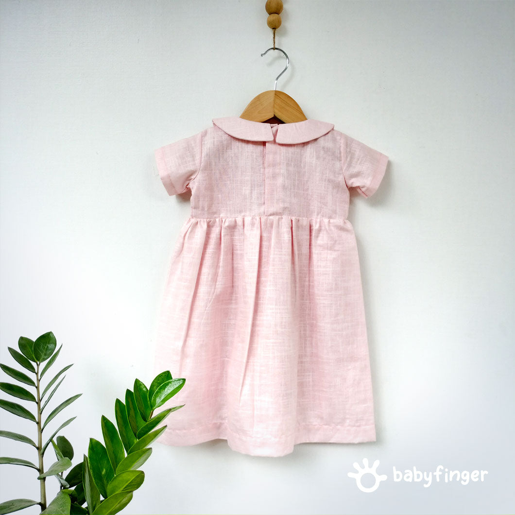Girls' Pink Linen-Cotton Dress with Embroidered Yoke – Soft & Elegant