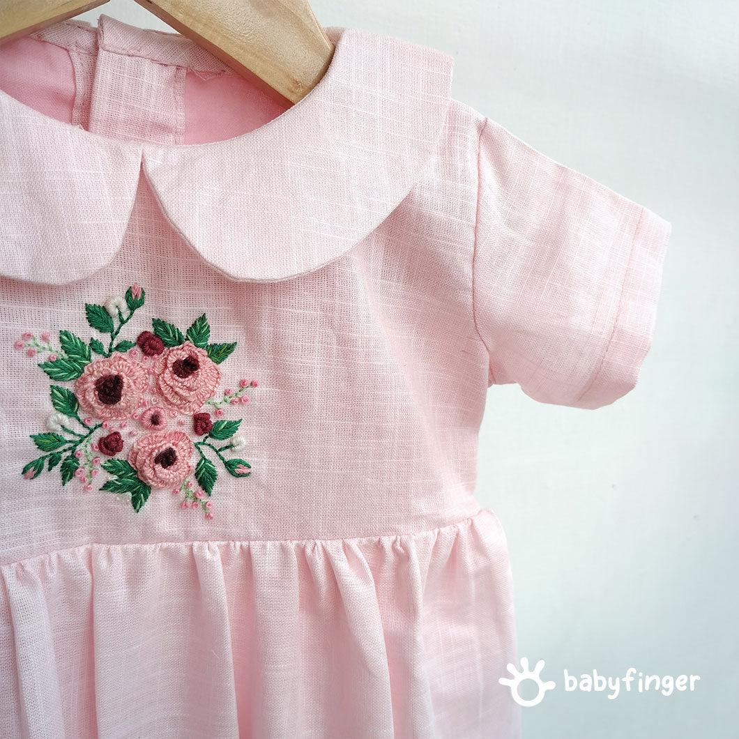 Girls' Pink Linen-Cotton Dress with Embroidered Yoke – Soft & Elegant