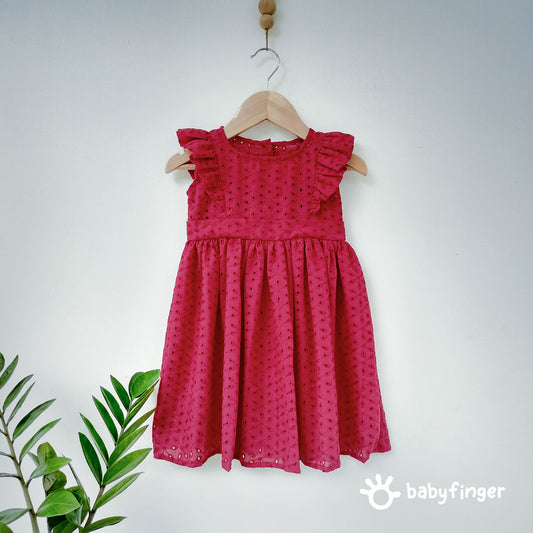 Girls' Maroon Hakoba Cotton Dress – Elegant & Classic Design
