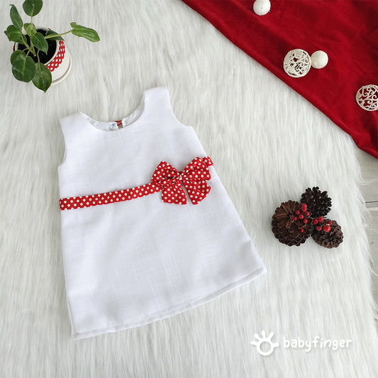 Classic White Baby Dress with Red Polka Dot Bow
