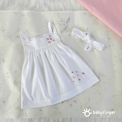 White Cotton Embroidered Dress with Matching Headband – Girls’ Elegant Outfit