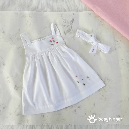 White Cotton Embroidered Dress with Matching Headband – Girls’ Elegant Outfit