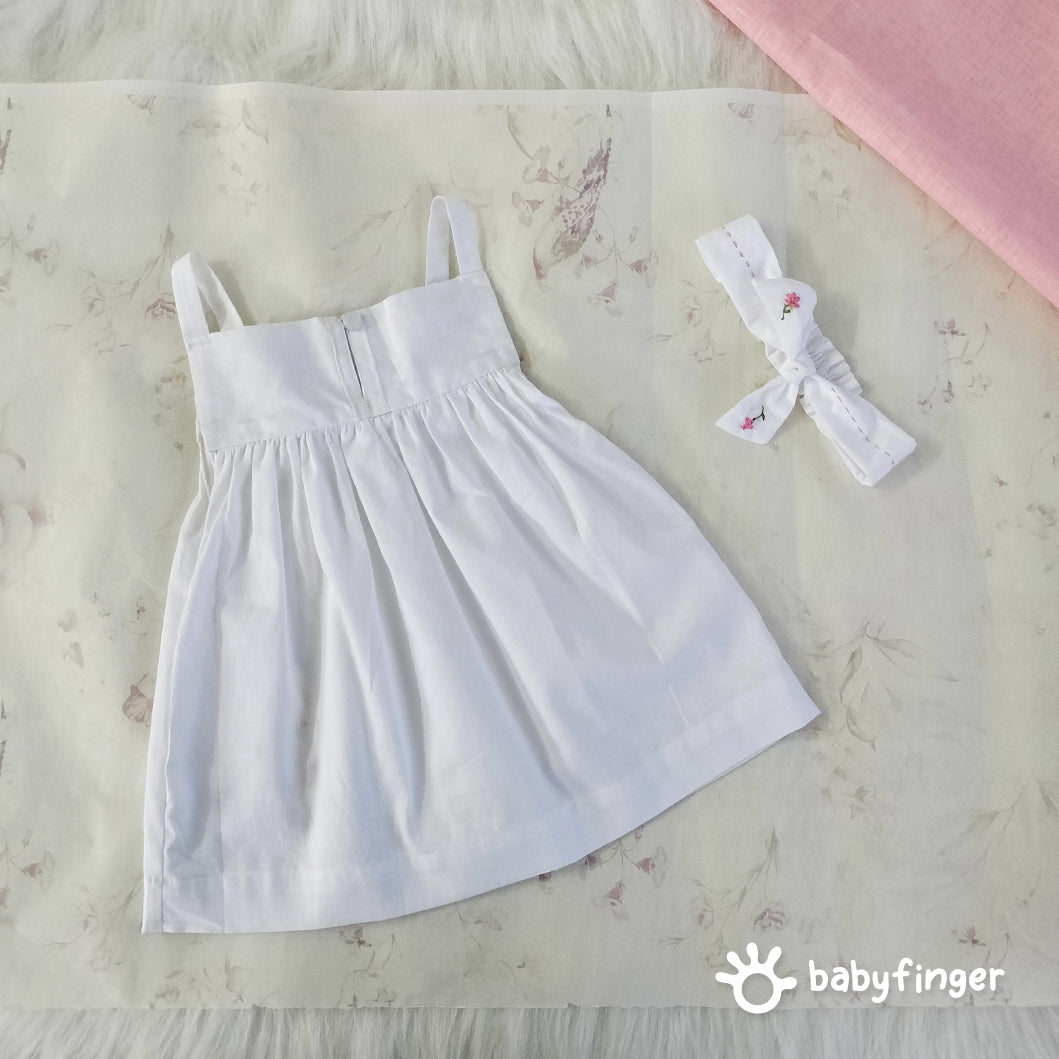 White Cotton Embroidered Dress with Matching Headband – Girls’ Elegant Outfit