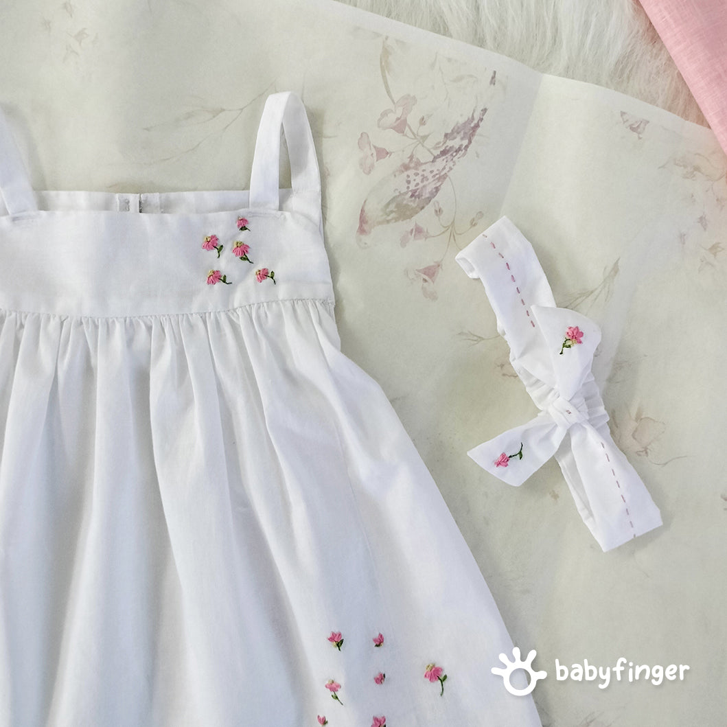 White Cotton Embroidered Dress with Matching Headband – Girls’ Elegant Outfit