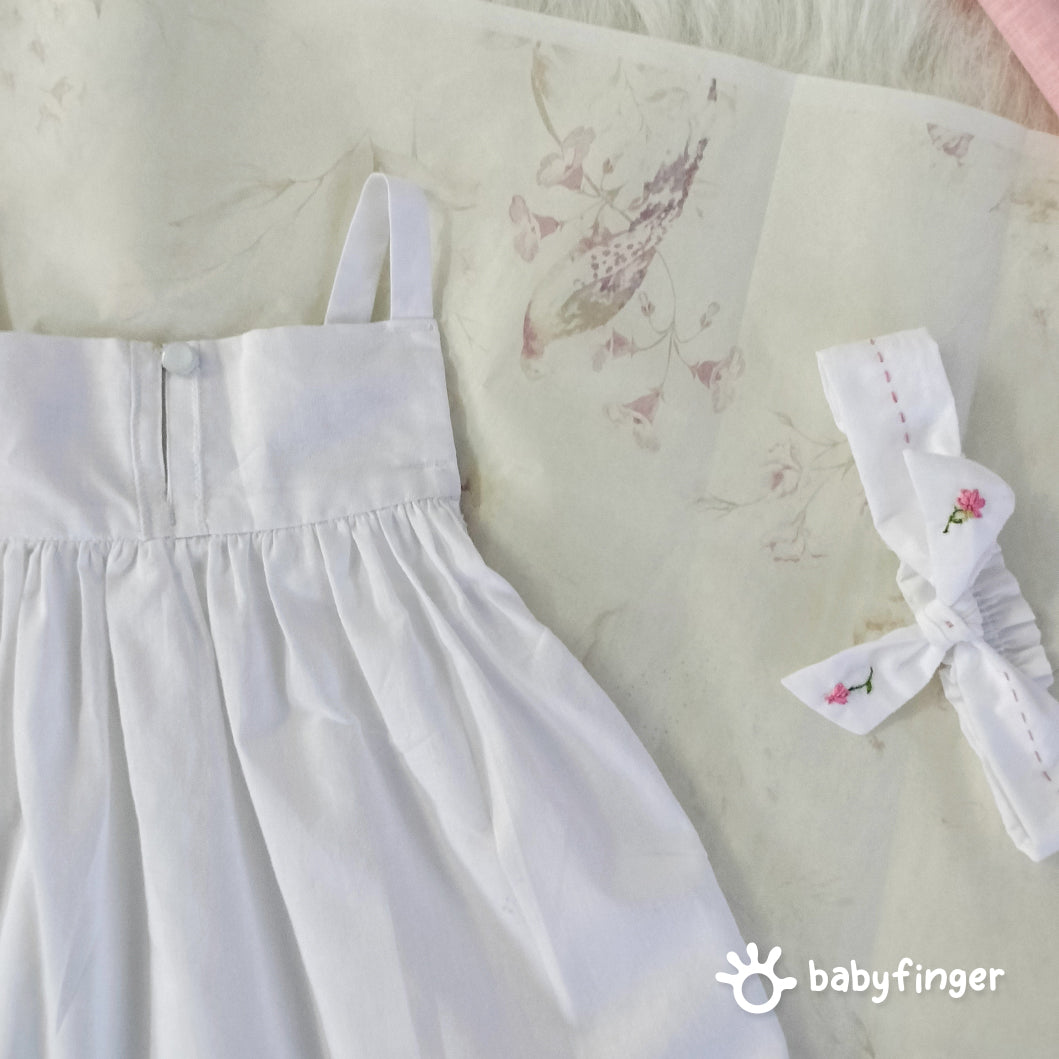 White Cotton Embroidered Dress with Matching Headband – Girls’ Elegant Outfit