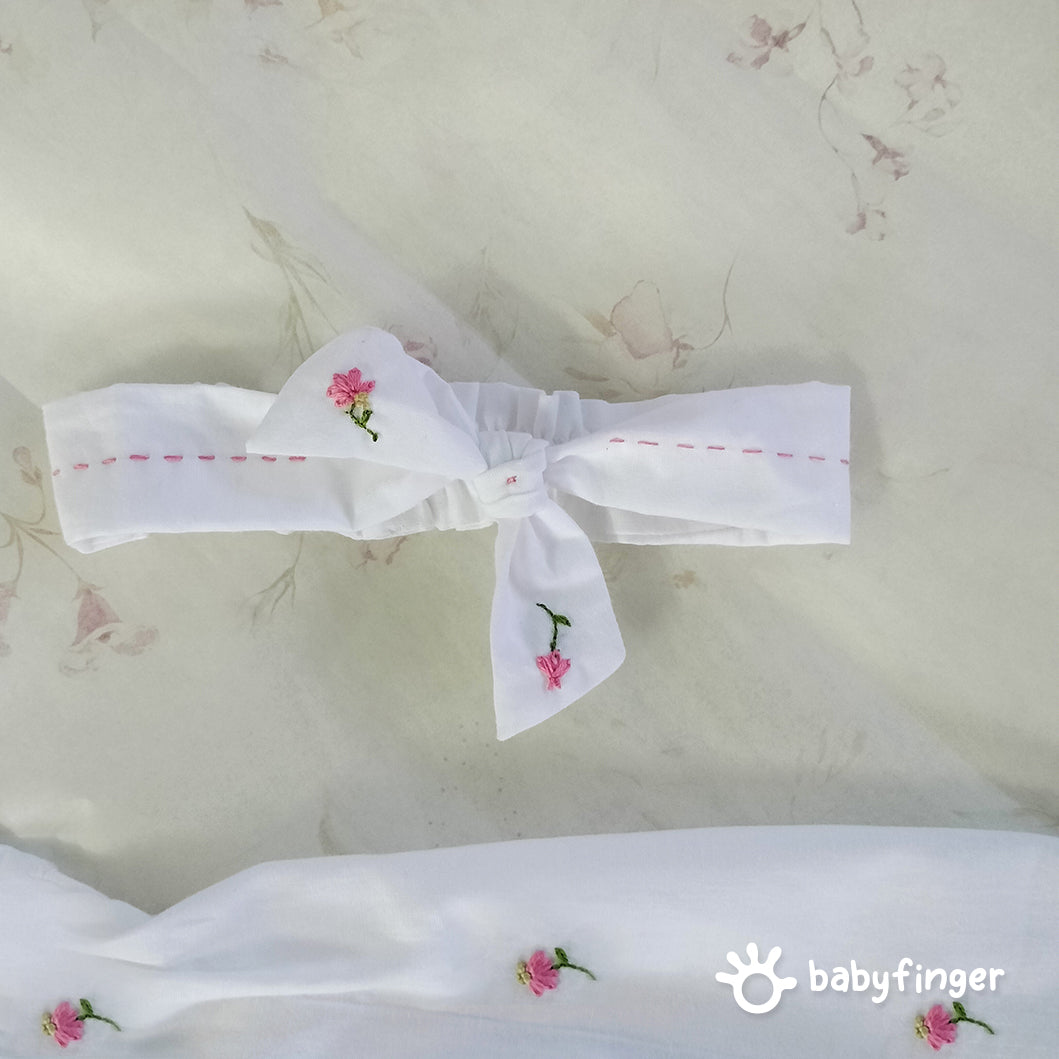 White Cotton Embroidered Dress with Matching Headband – Girls’ Elegant Outfit