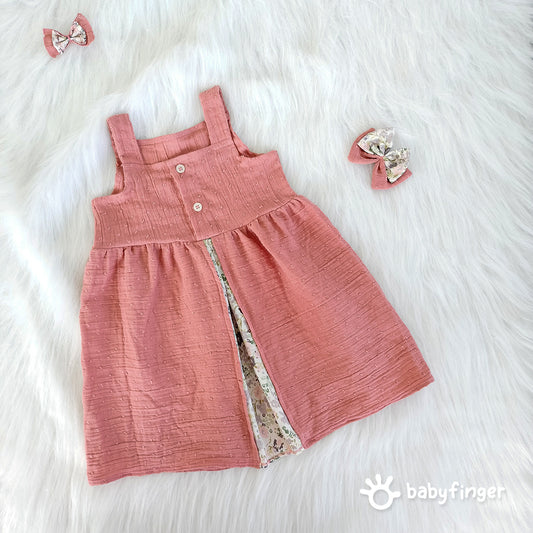 Blush Pink Cotton Frock with Floral Inner Lining & Bow Accessories