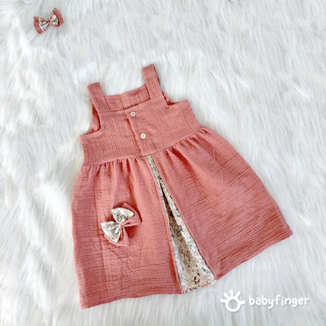 Blush Pink Cotton Frock with Floral Inner Lining & Bow Accessories