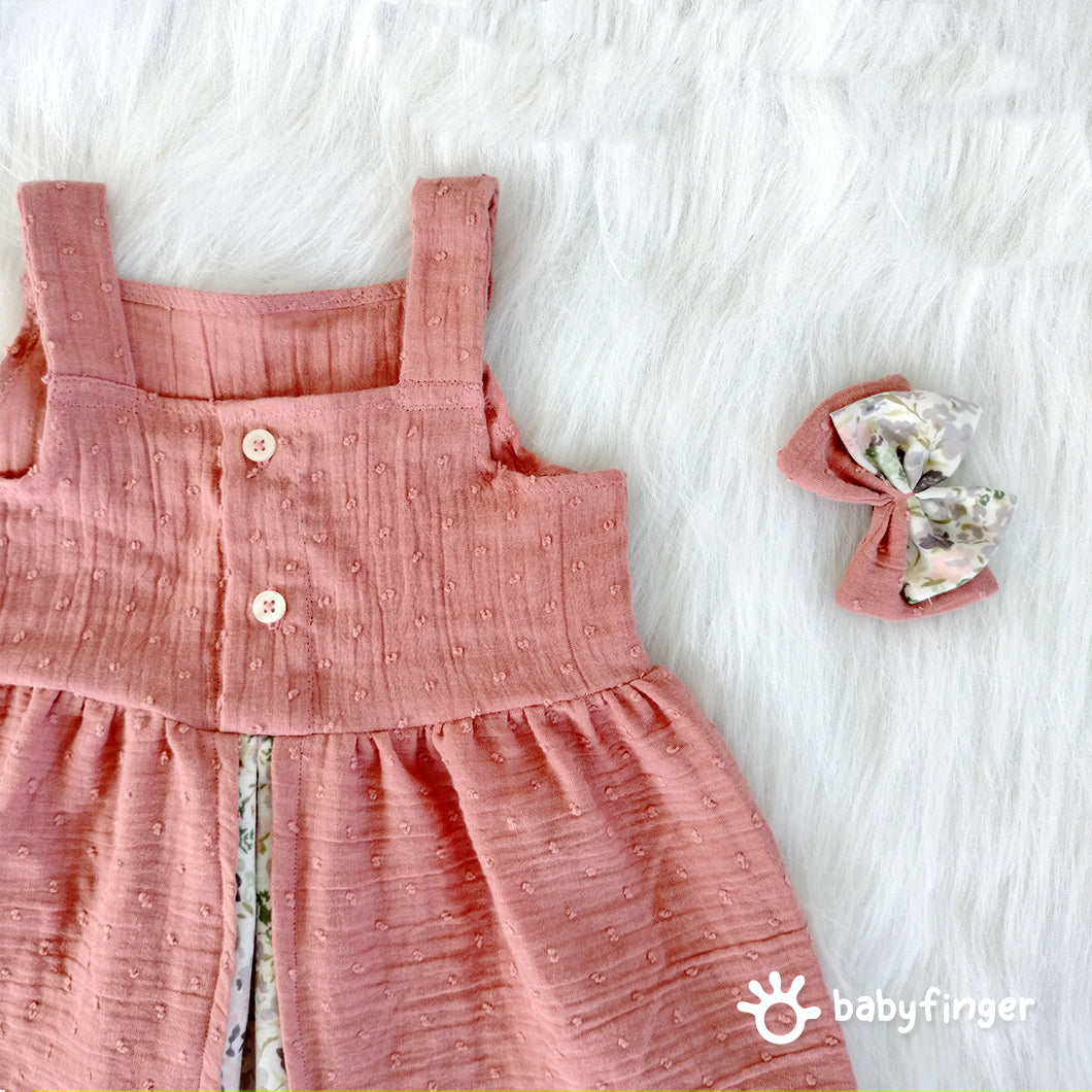 Blush Pink Cotton Frock with Floral Inner Lining & Bow Accessories